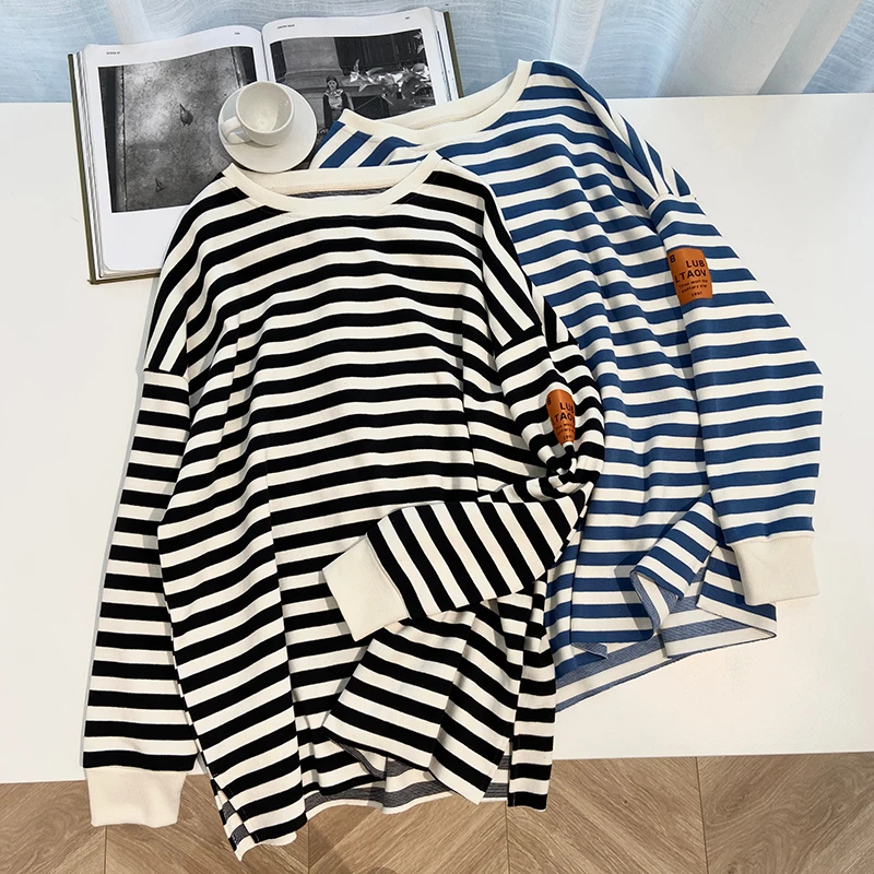 Spring Autumn Casual Thin Tops Solid Color Striped All-Matched Pullovers Korean Style Trend Sweatshirts for 18-24 Years Old