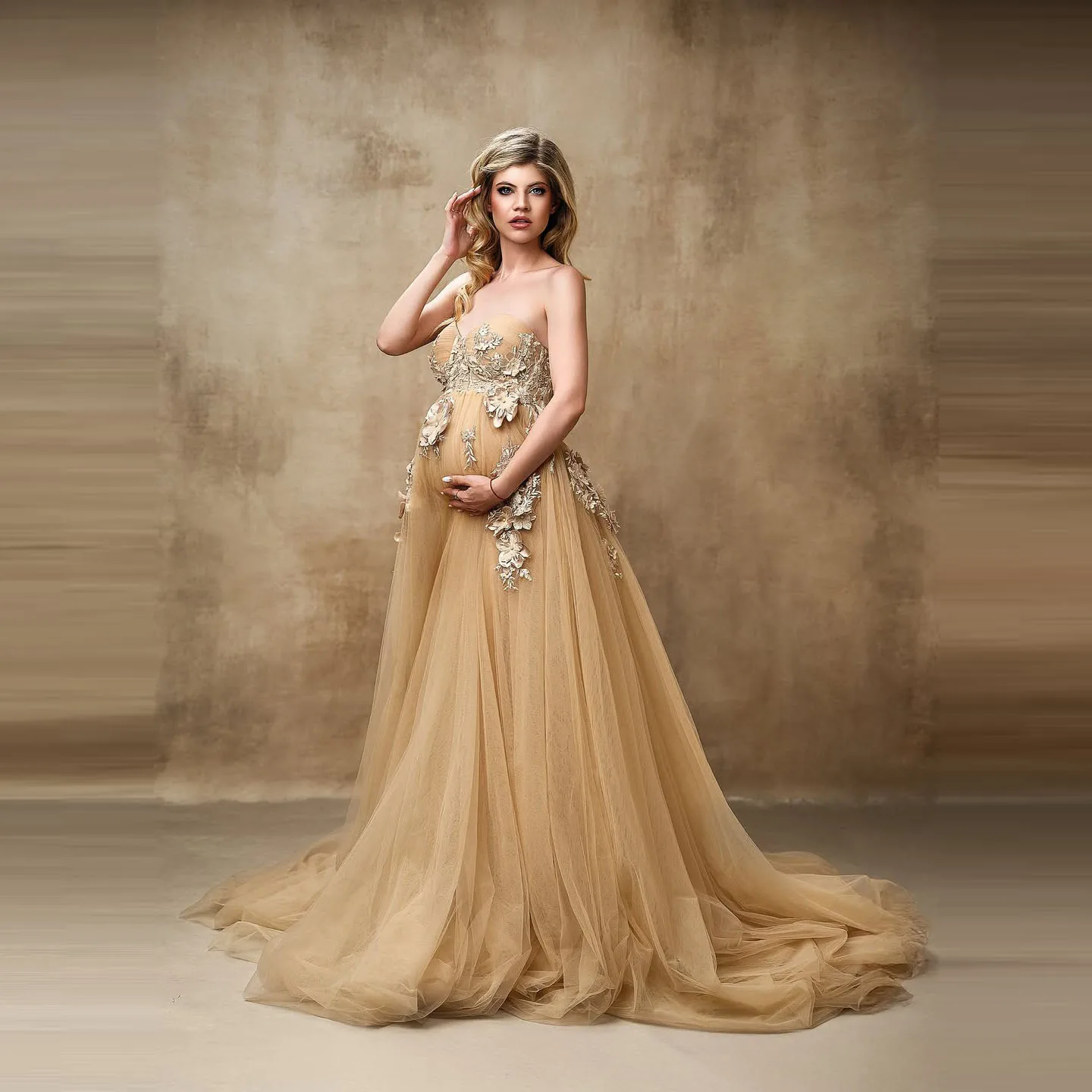 

Maternity Gown with Floral Embroidery in Soft Tulle Fabric for Pregnant Women's Special Occasions and Photo Shoots Long Length