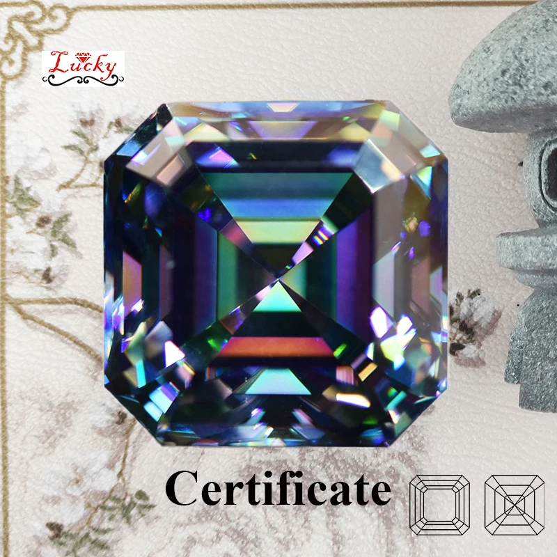 

Moissanite Asscher Shape Top Quality Rainbow Green Color Stone Charms for Jewelry Making Materials Necklace with GRA Certificate