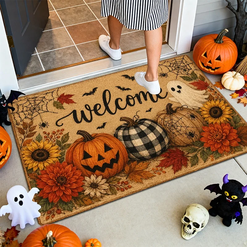 It's Fall Y'all Pumpkin Doormat, Leopard Polka Dot Plaid Pumpkin Print Entryway Floor Mat, Autumn Home Door Decor