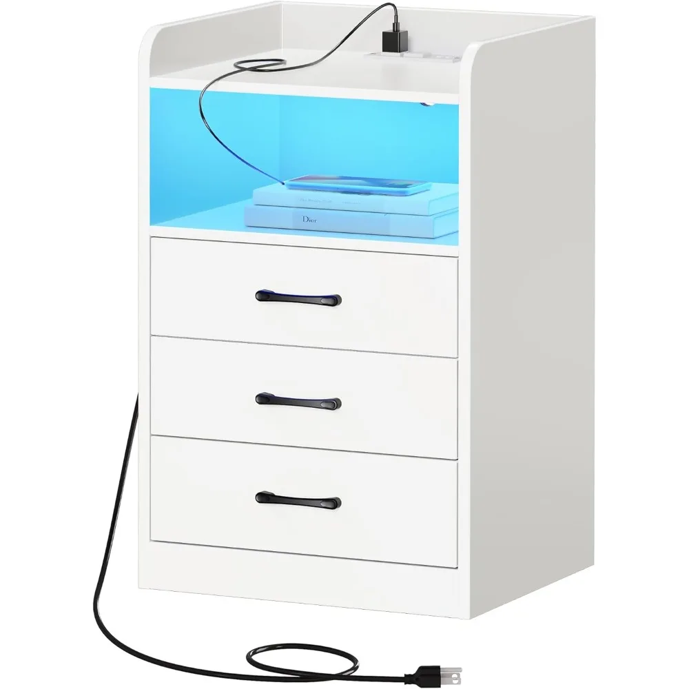 

Nightstand with Charging Station and LED Light Strips, Night Stand with Drawers, End Table with USB Ports and Outlets, Bedside