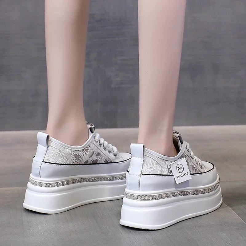 Women 8CM Platform Casual Outdoor Shoes Rhinestone Shine Decoration Sneakers Lace Up Walking Sport Breathable Thick Bottom Shoes