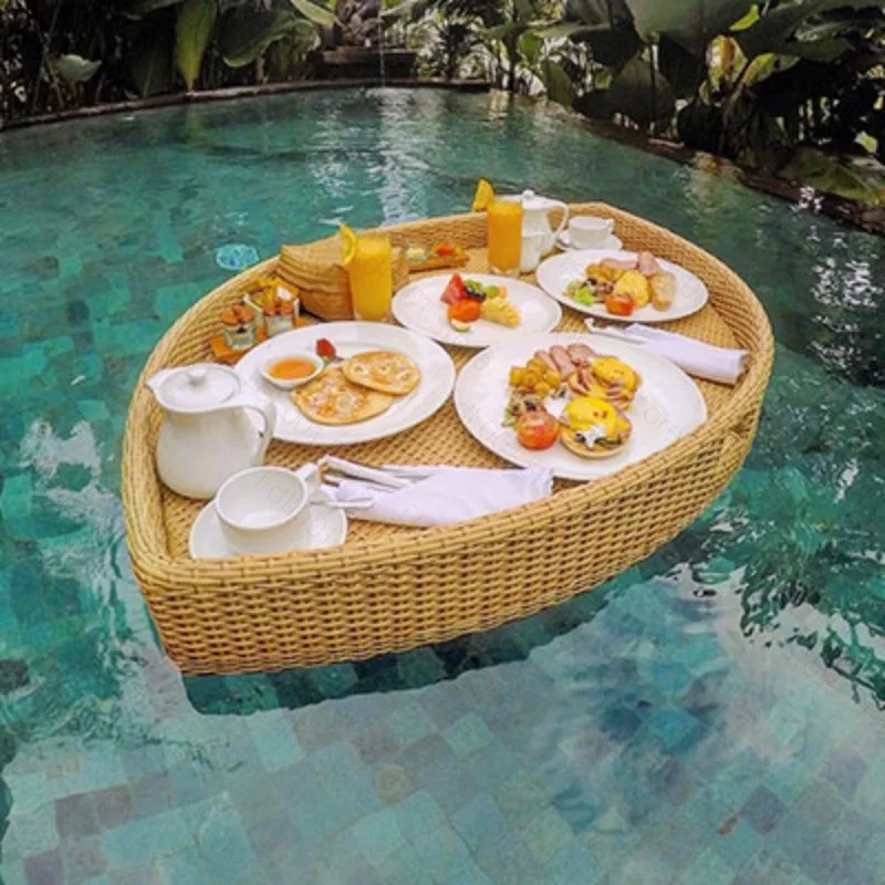 Creative Bali Rattan Floating Tray Waterproof Food Drink Serving Basket for Swimming Pool Villa Homestay Hotel Outdoor Leisure