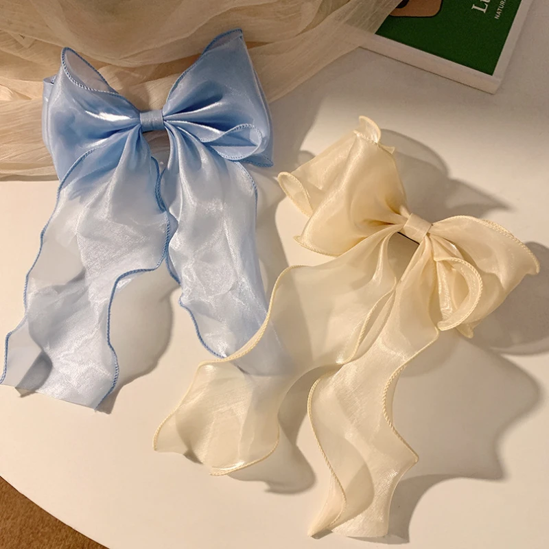 

New Sweet Chiffon Bow Hair Clip for Girls Blue Shining Satin Bow Hairpin Ribbon Bow Headwear Horsetail Headwear Hair Accessories