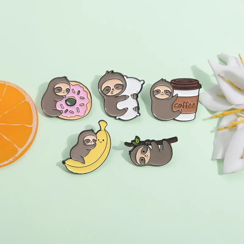 Cute Custom Sloth Animal Enamel Metal Brooch Cartoon Coffee Donut Banana Creative Pins Lapel Badge Jacket Clothing Deco Gift