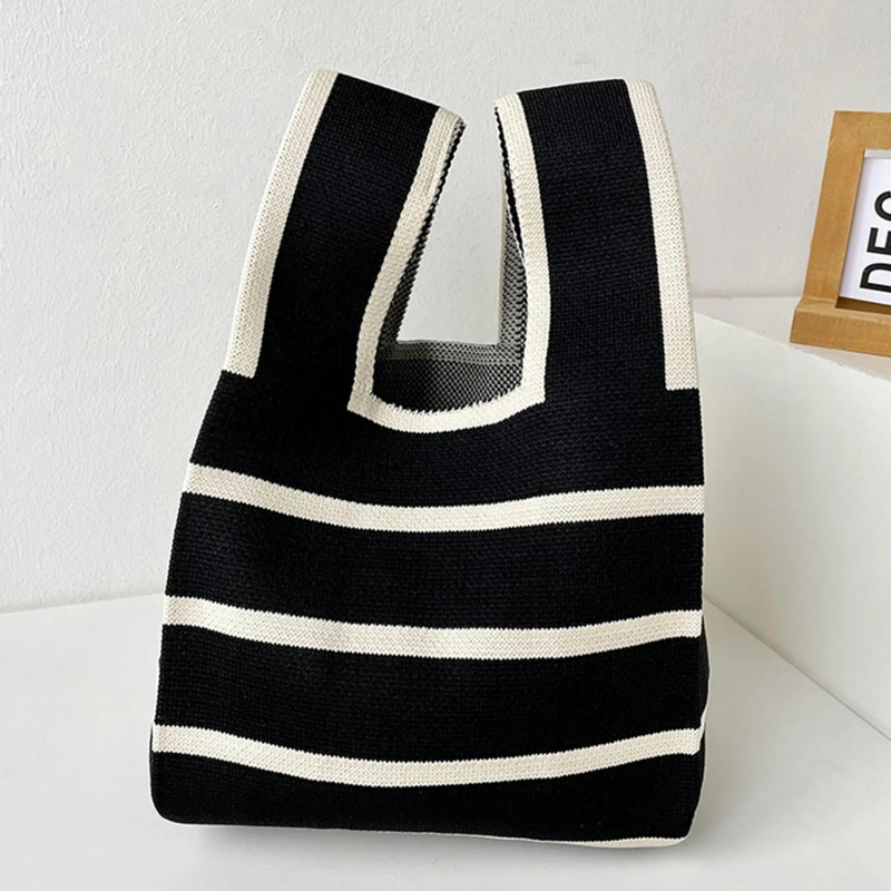 

New Wide Striped Handmade Knitted Handbag Minimalist Korean Women Mini Knot Wrist Bag Tote Bag Student Reusable Shopping Bags