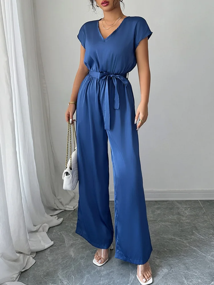 

Onecozyday Solid Blue Loose Fit Women's Jumpsuit V-neck Short Sleeves Lace-up High Waist Wide Leg Rompers Summer One-piece Suit