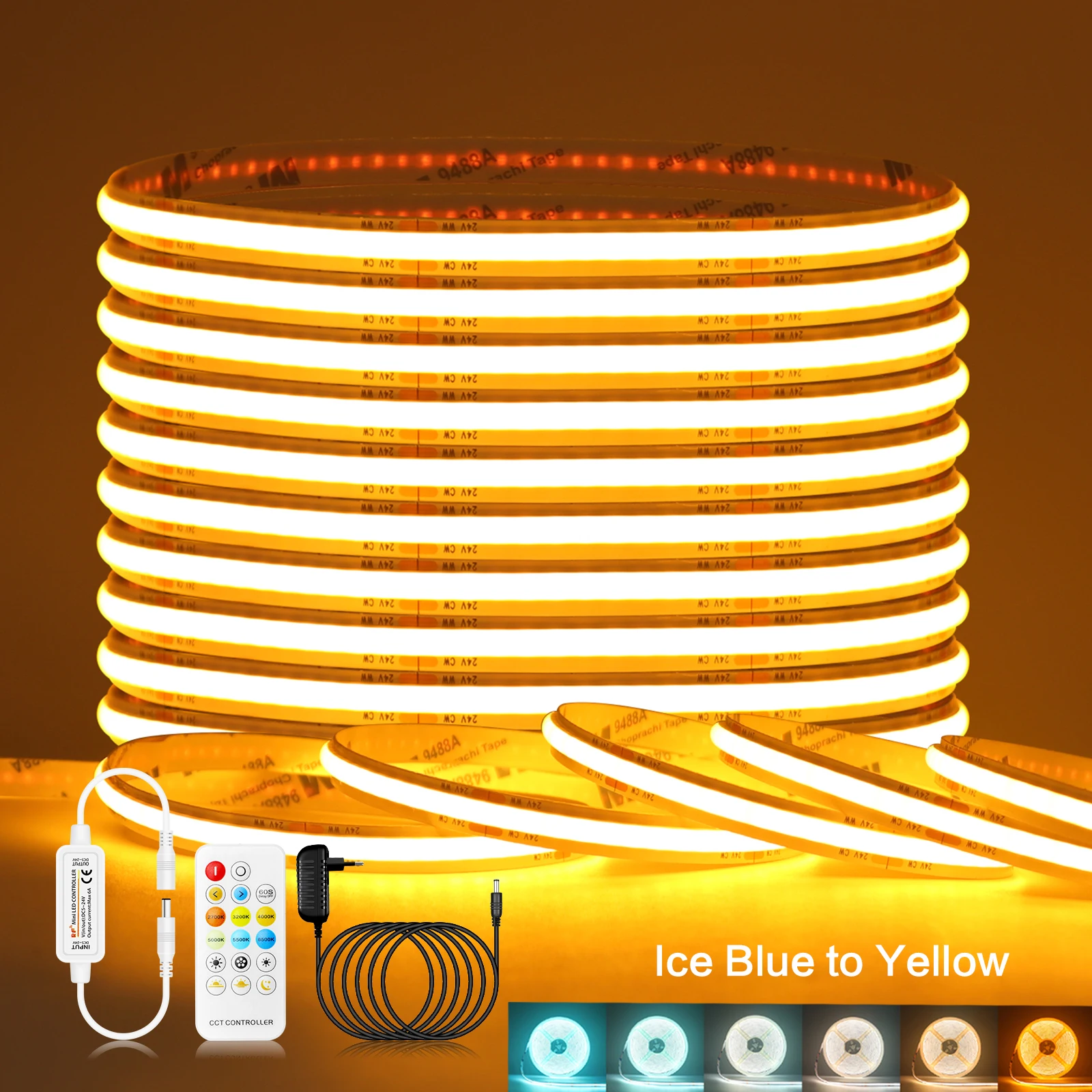 24V COB LED Strip Ice Blue to Yellow Dual-Color High Density 480LED/M Linear Dimmable Adhesive Tape White Black Power Plug 1-10M