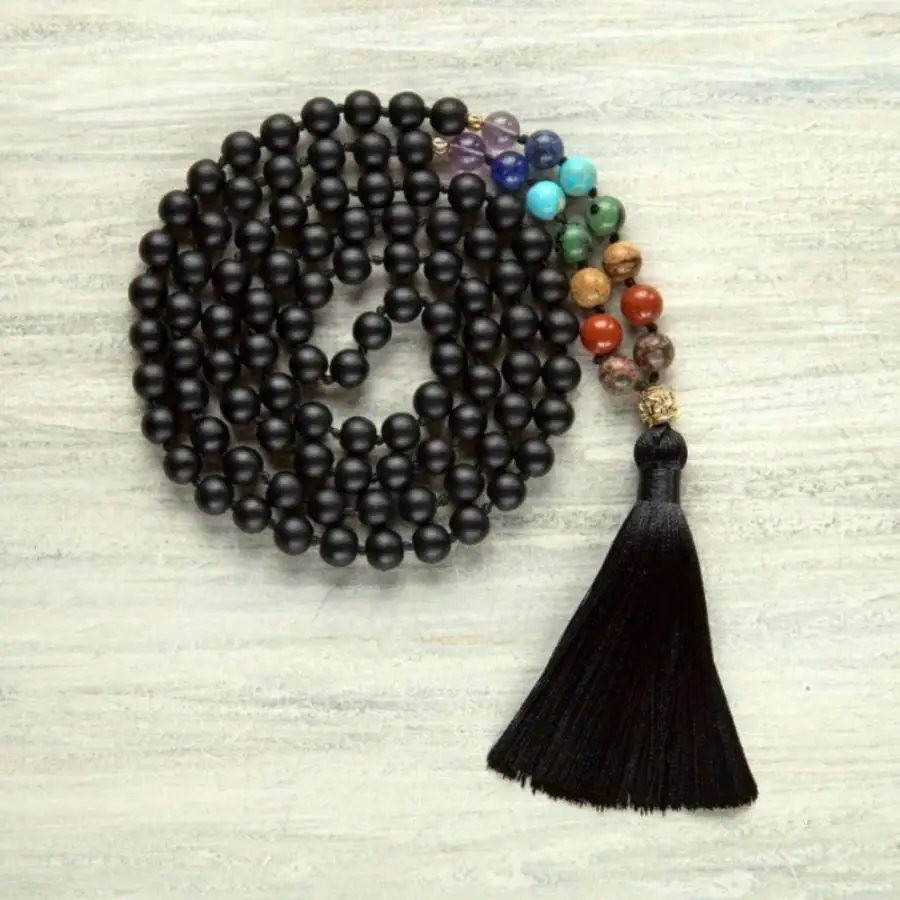 

Handmade Genuine Matte Black Onyx 108 Beads Mala with Chakra Accents Ethnic Jewelry Gift for Him