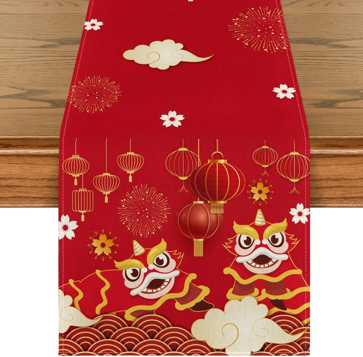 Chinese Lunar New Year Red Latern Lion Linen Table Runner Party Decor Spring Festival Kitchen Dining Table Runner New Year Decor