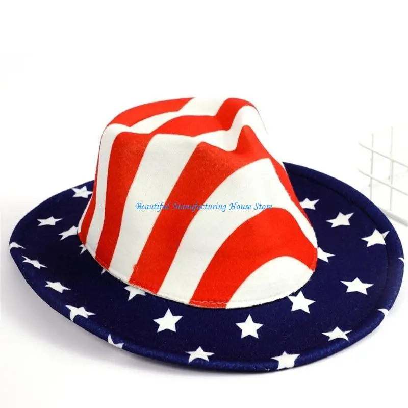 

E56A Wide Brim Fedora Cap for Adult Cowboy Hat Patriotic Panama Hat Adult Unisex Top Hat Role Play Dress Up JazzHat Accessory