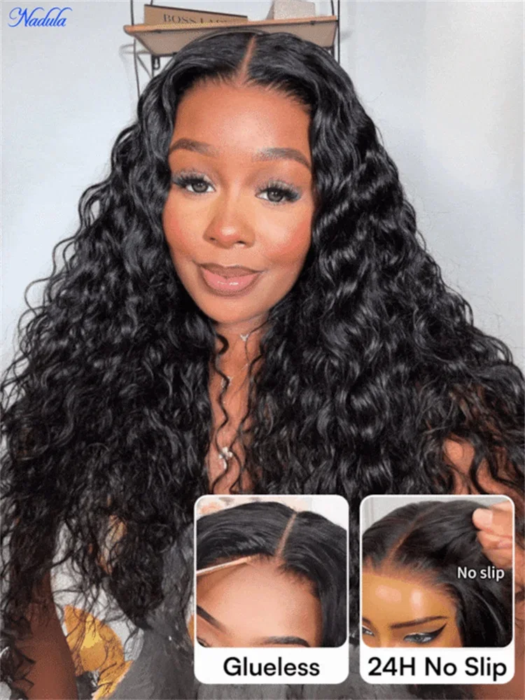Nadula  30 32inch 13x4 Pre Cut Lace Frontal Glueless Wig Human Hair Pre Bleached Knots Water Wave Glueless Human Hair Wig With Baby Hair Natural Black Color No Slip Wig Cap for All Heads Shape