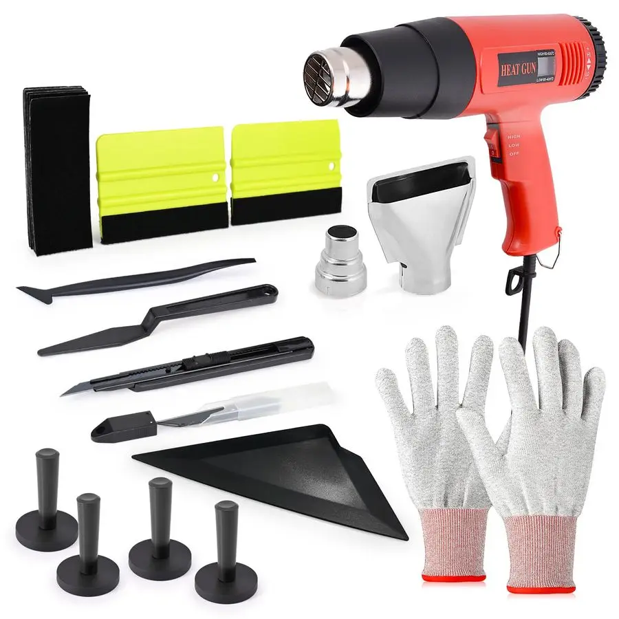 

Window Tint Kit Vinyl Wrap Tool with Heat Gun,Vinyl Scraper,Shank Gasket Squeegee,Working Gloves,Curves Slot Tint Tool for Car W