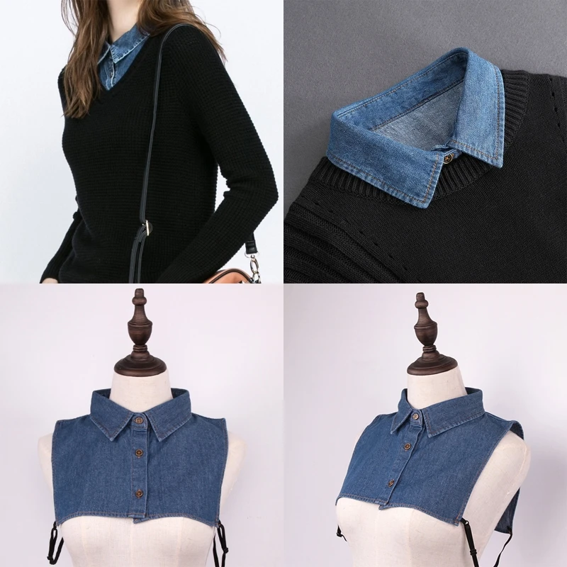 Unisex Washed Cotton False Fake Collar Button Down Detachable Lapel Half Shirt Blouse Sweater Decorative Dickey