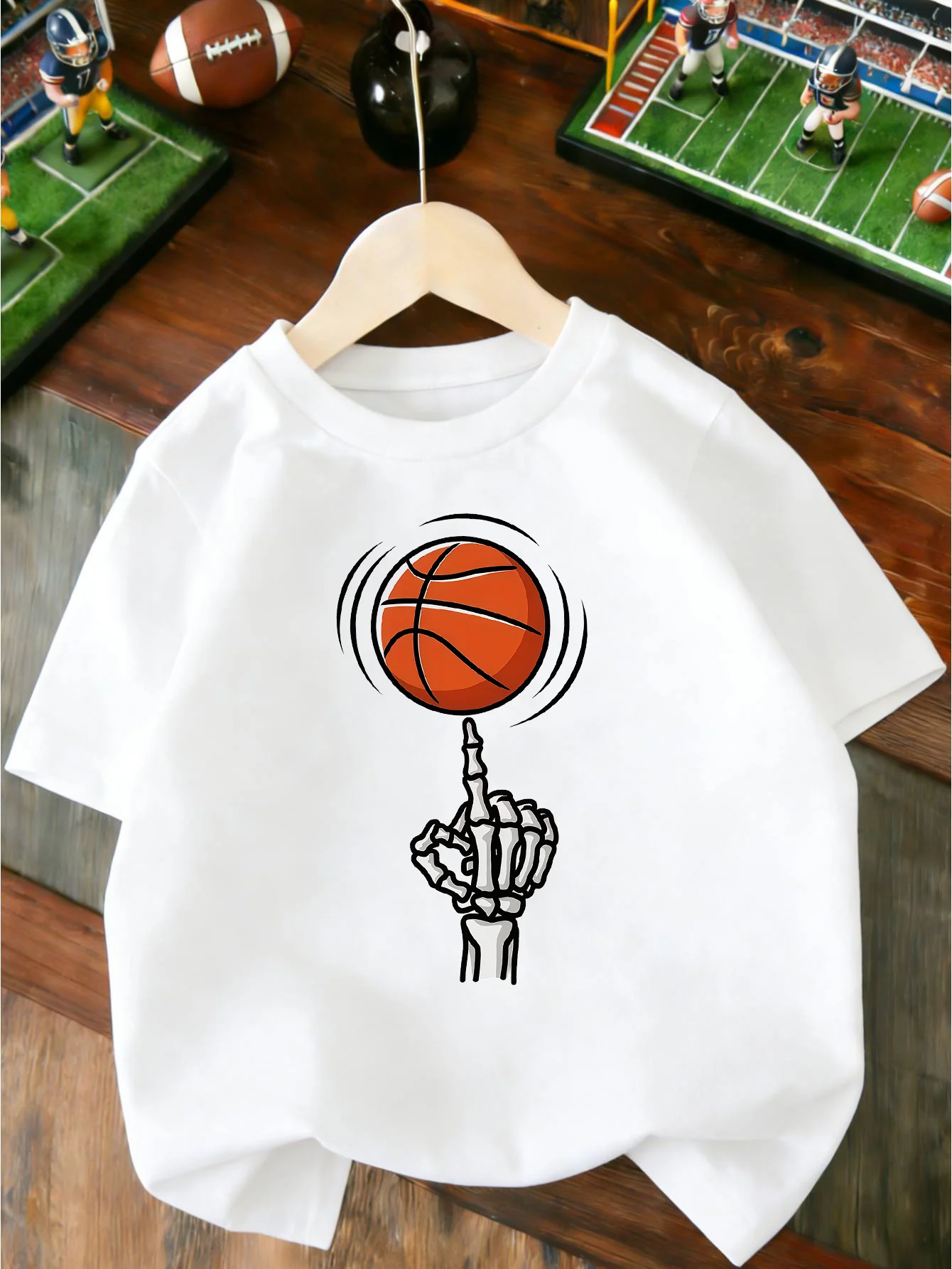 Skeleton Hand Spinning Basketball Cartoon Print T Shirt Boys Girls Lovely Short Sleeve Tee Family Matching Kids Cotton Tops