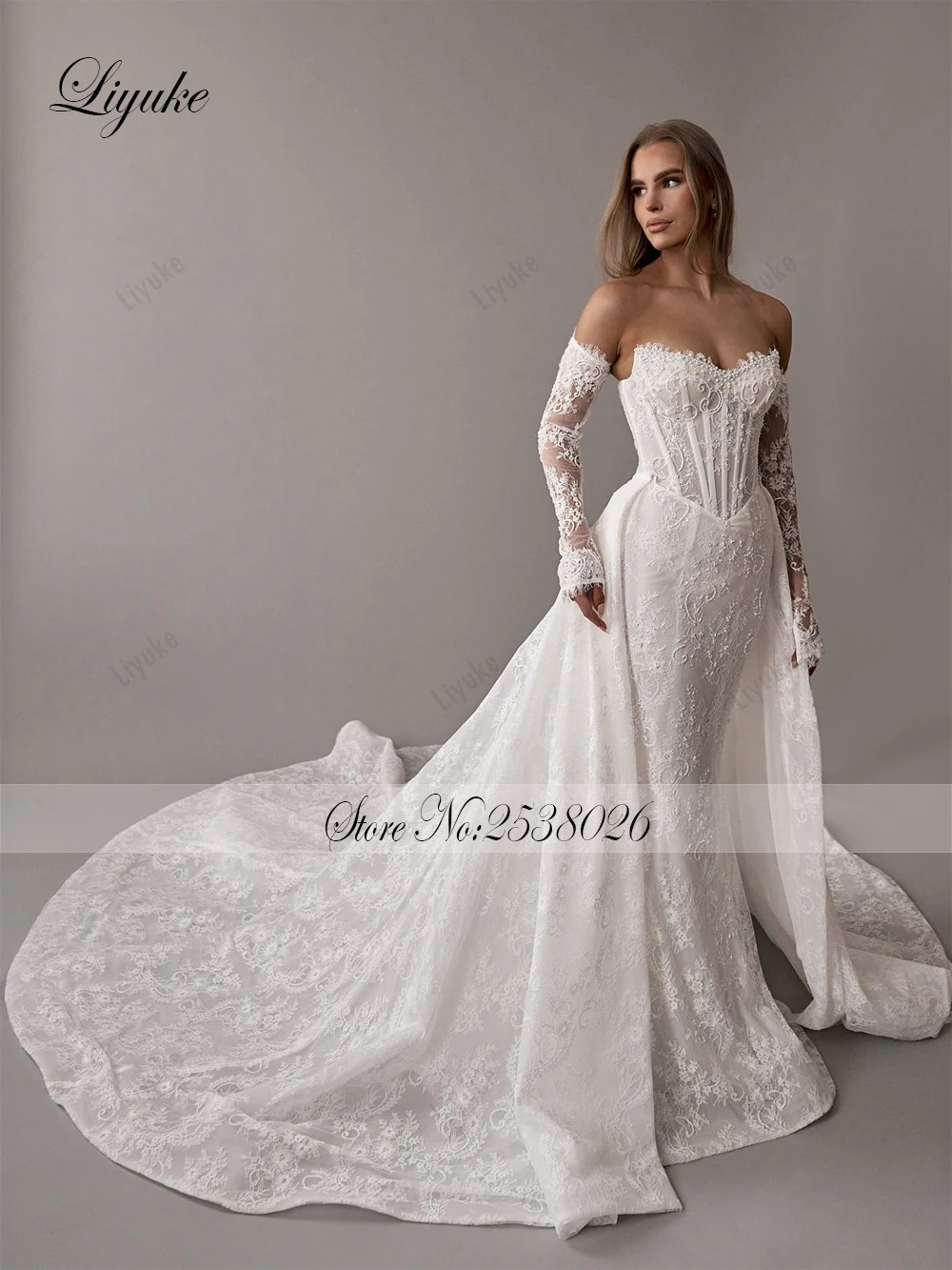 Liyuke Custom Made Beaded Pearls Mermaid Wedding Dresses Robe De Marriage Removable Sleeves 2 In 1 Lace Trumpet Bridal Gowns