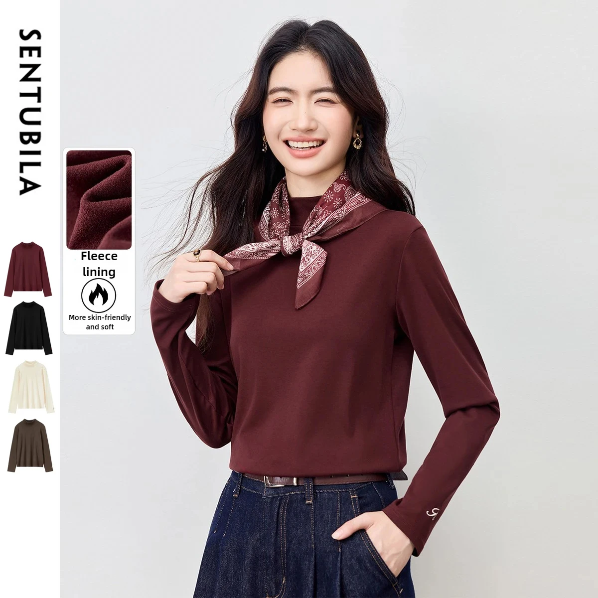 SENTUBILA Long Sleeve Tops for Women T-shirt 2026 Autumn Winter Thermal Thickened Letter Embroidery Slim Fit Top W54SF3966