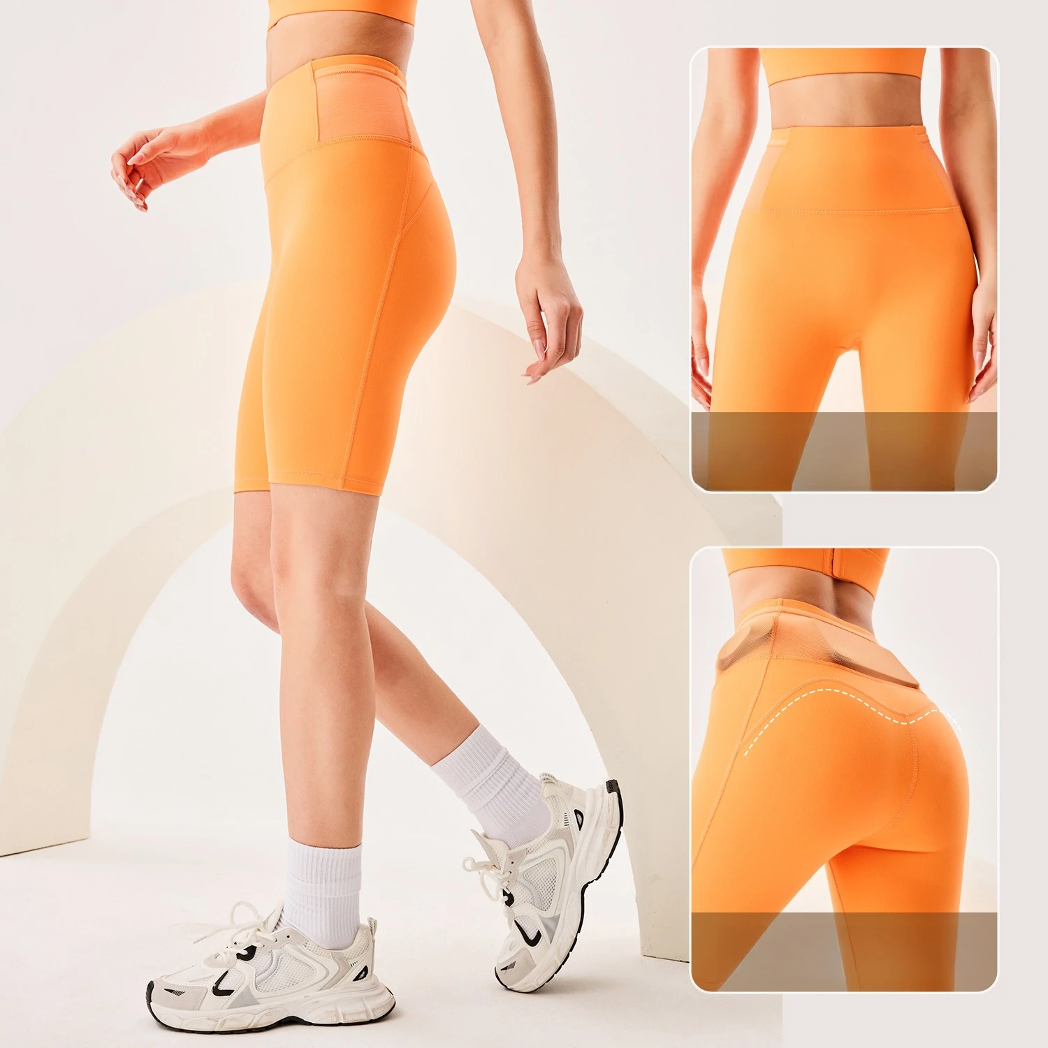 Women's Running Compression Shorts Yoga Breathable Mesh Quick Dry Athletic Workout Sports Shorts Orange Fitness Gym Wear