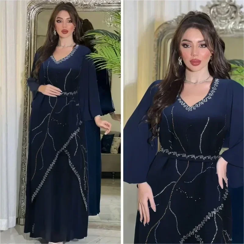 Diamonds Abayas for Women Muslim Evening Party Dress Islam Clothing Arab Robe Saudi Gown Marocain Kaftan Dubai Jalabiya Djellaba 4