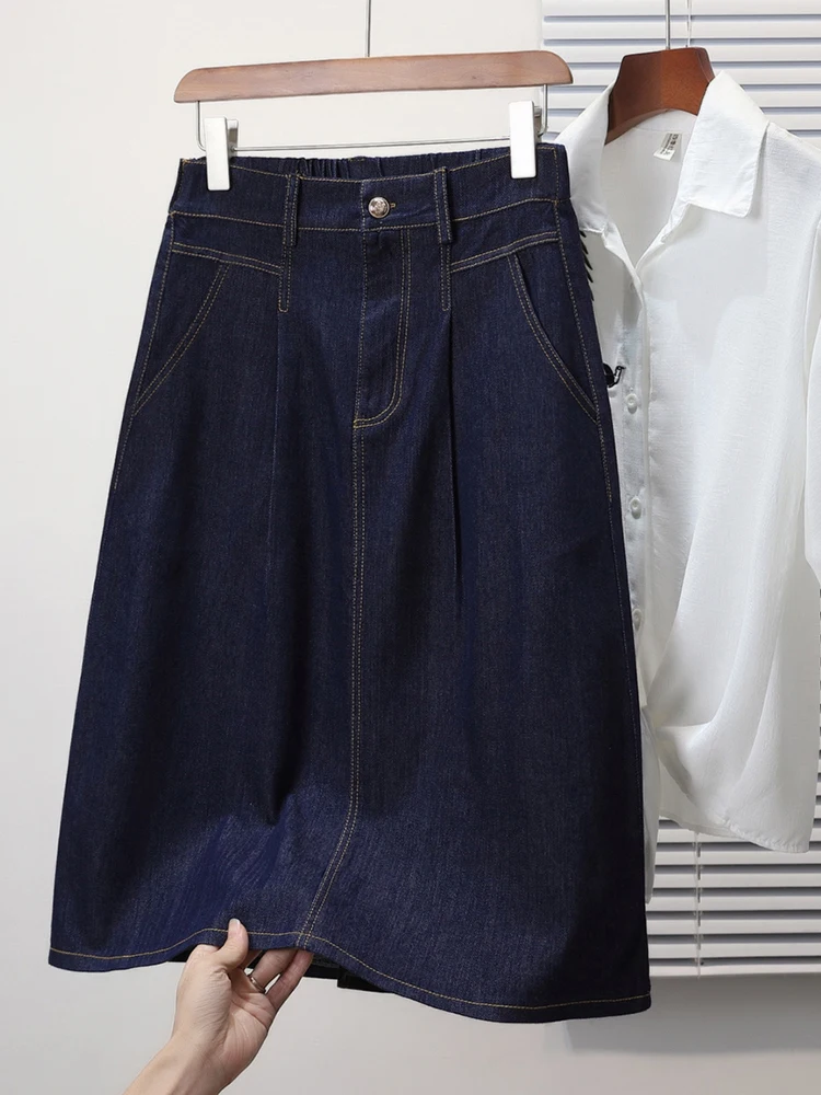 

Spring 2026 plus Size Loose High Waist Elastic Waist Midi Denim Skirt Slim A-Line Skirt for plus Size Women Casual Commute Sle