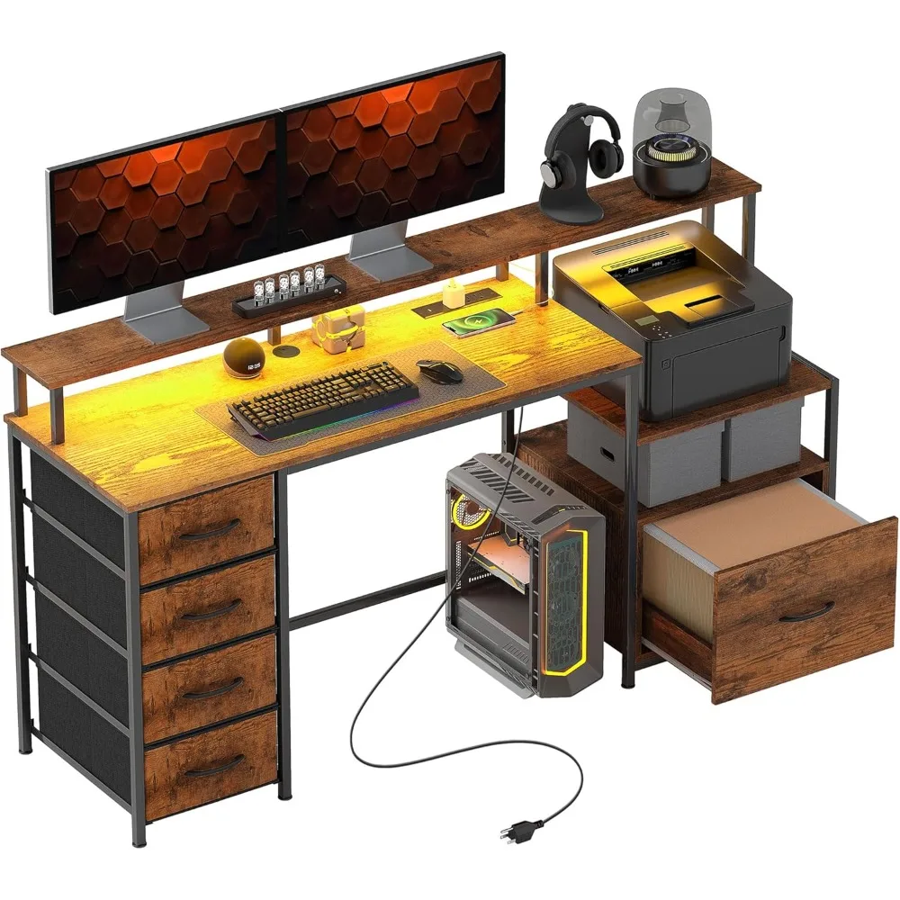 

Game desk, computer desk with file cabinet and fabric drawers, power socket and LED lights, monitor stand