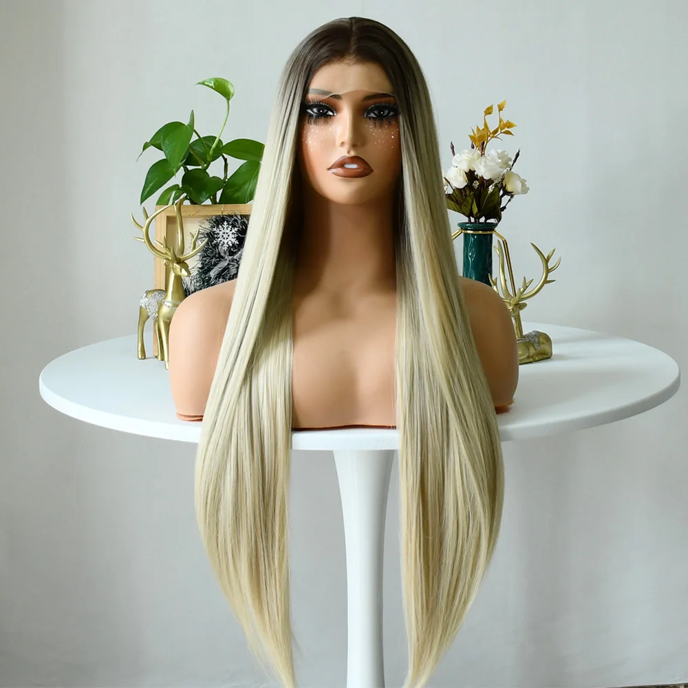 

13x4 HD Transparent Full Lace Frontal Wig Ombre Blonde Wig Straight Wig Lace Front Wig Blonde Wig 30 Inches Synthetic 가발