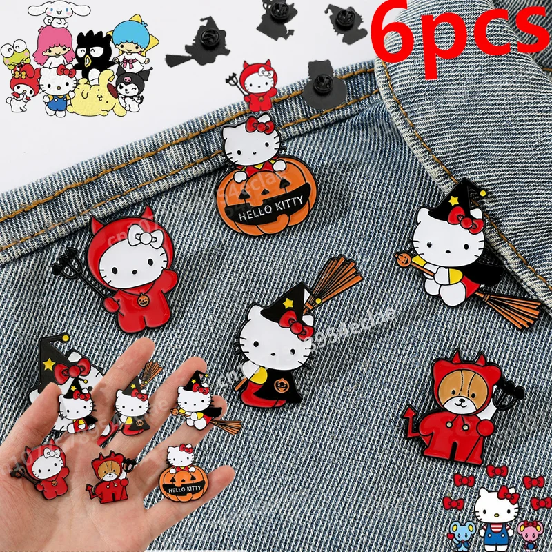 

6pcs New Sanrio Hello Kitty Enamel Brooch Cute Cartoon Metal Halloween Styling Cat Alloy Dripping Oil Collar Accessory Pin Gift