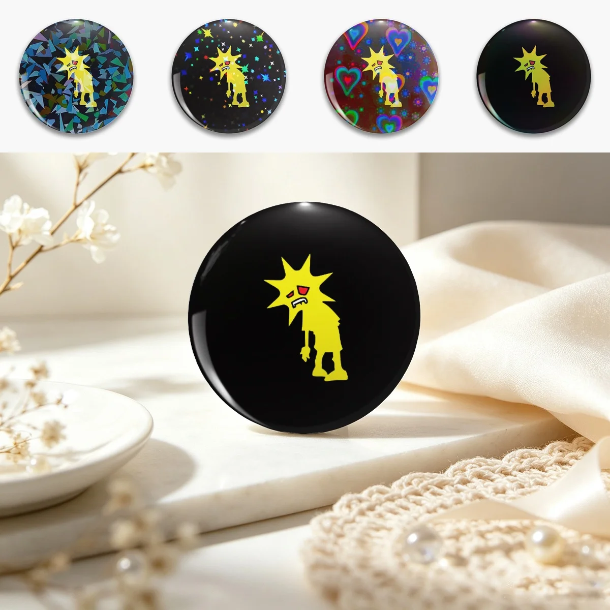 Sun Character Yellow Illustration Pin Holographic Star Heart Pin Brooches Laminated Button Fashion Accessory