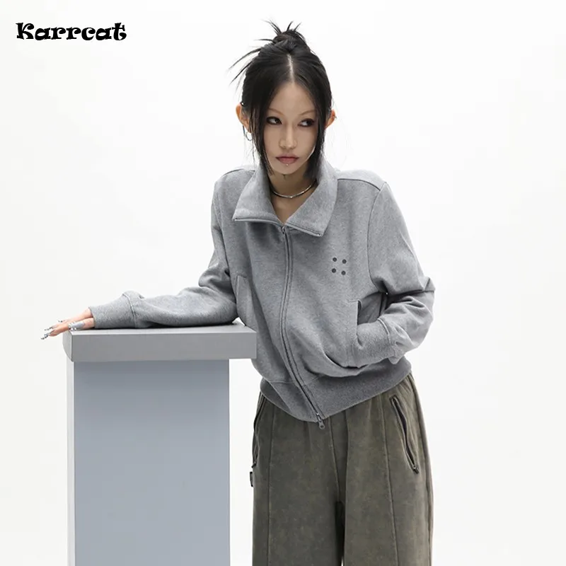 Karrcat Grunge Cropped Hoodie Gothic Harajuku เสื้อคอเต่าญี่ปุ่น Double Zipper เสื้อกันหนาว MODE Korea Streetwear Y2k