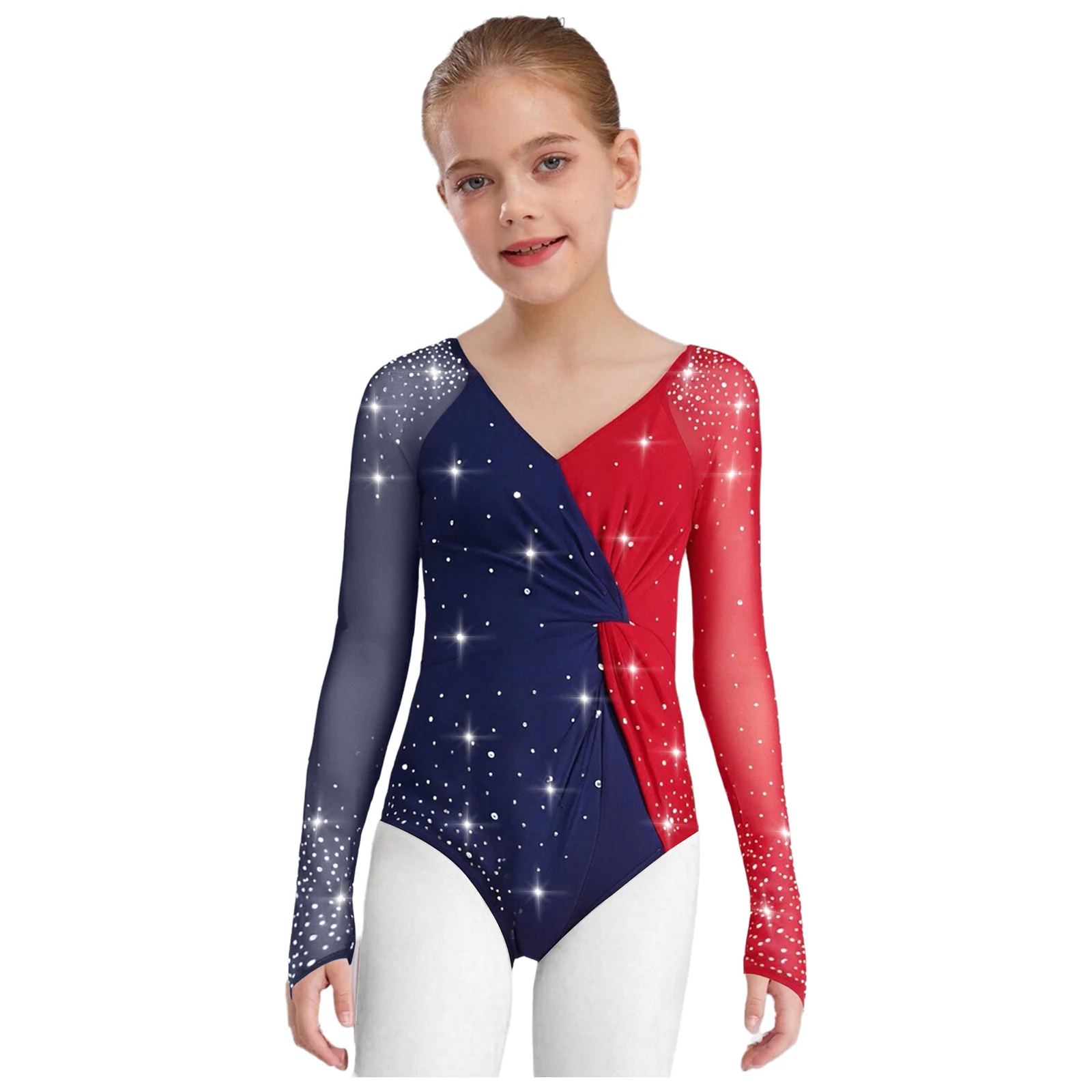 

2025 Kids Girls Gymnastics Figure Skating Dance Leotard Sheer Mesh Long Sleeves Cross Back Knot Font Color Block Ballet Bodysuit