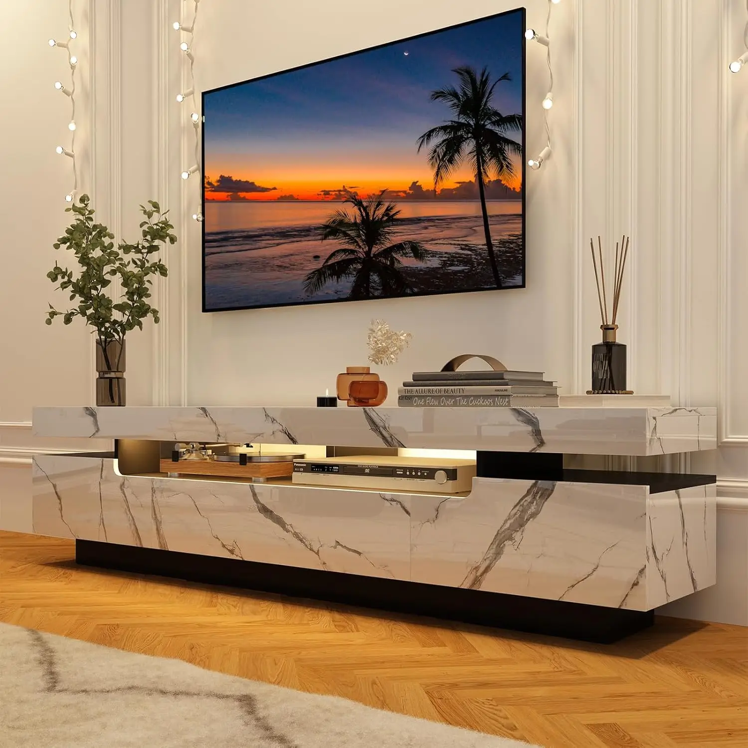 TV Stand for 75/80 inch TV,Modern LED TV Stand for Living Room,High Gloss Entertainment Center with Storage Drawer,APP RGB Light