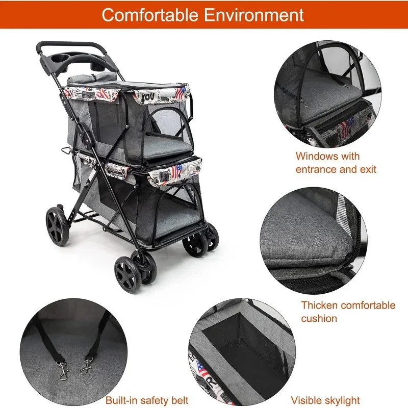 Double Pet Stroller for Small/medium 2 Dogs/Cats Large Capacity Folding Dog Trolley with Mesh Window Cup Holder Storage Brake