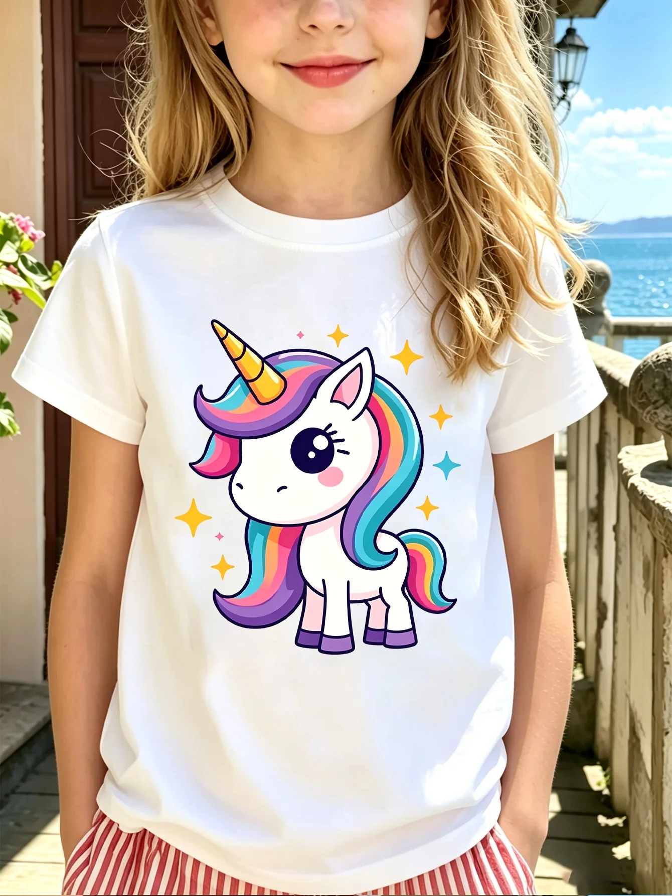 Rainbow Star Unicorn Kids Tee Cute Cartoon Animal Graphic Print Boys Girls Family Matching Cotton Short Sleeve Children Tshirt
