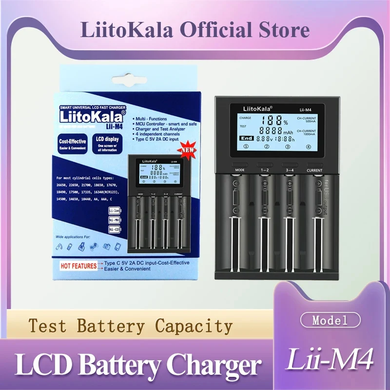 LiitoKala Lii-M4 LCD 3.7V/1.2V AA/AAA 18650/26650/16340/14500/10440/18500 Battery Charger with screen Detectable capacity