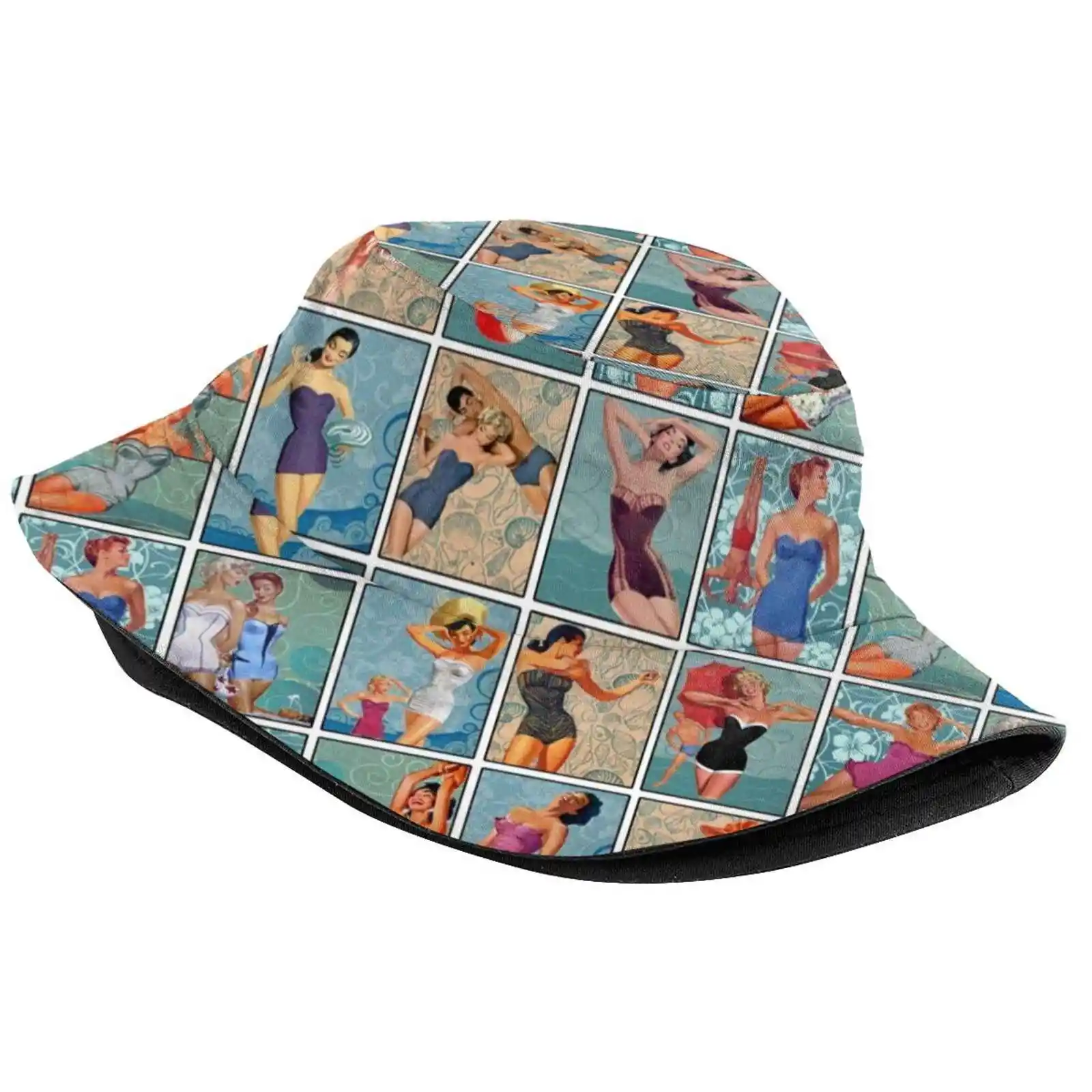 Beach Girls Sun Cap Fisherman Hat Bucket Hats Vintage Beach Bikinis Swimsuits 50S Retro