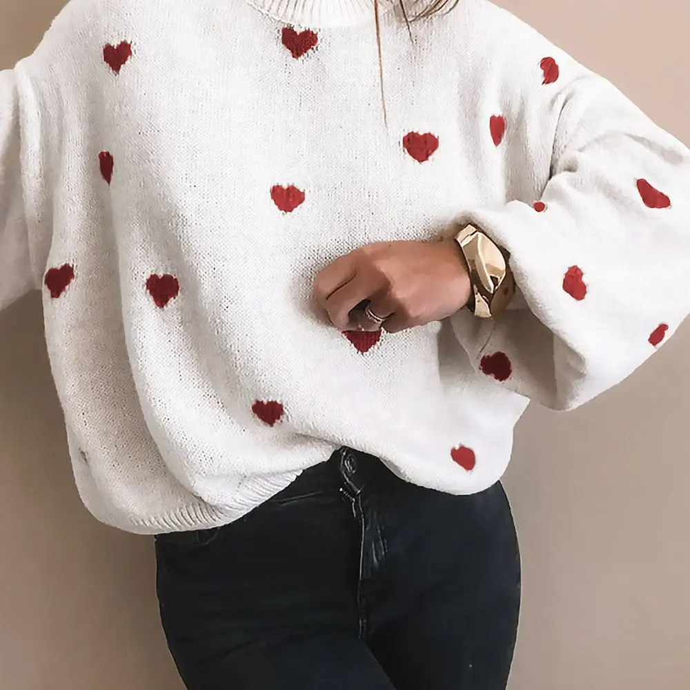 

Hot Sale European And American Heart Knitted Sweater Women's Autumn Winter Casual Overhead Sweater