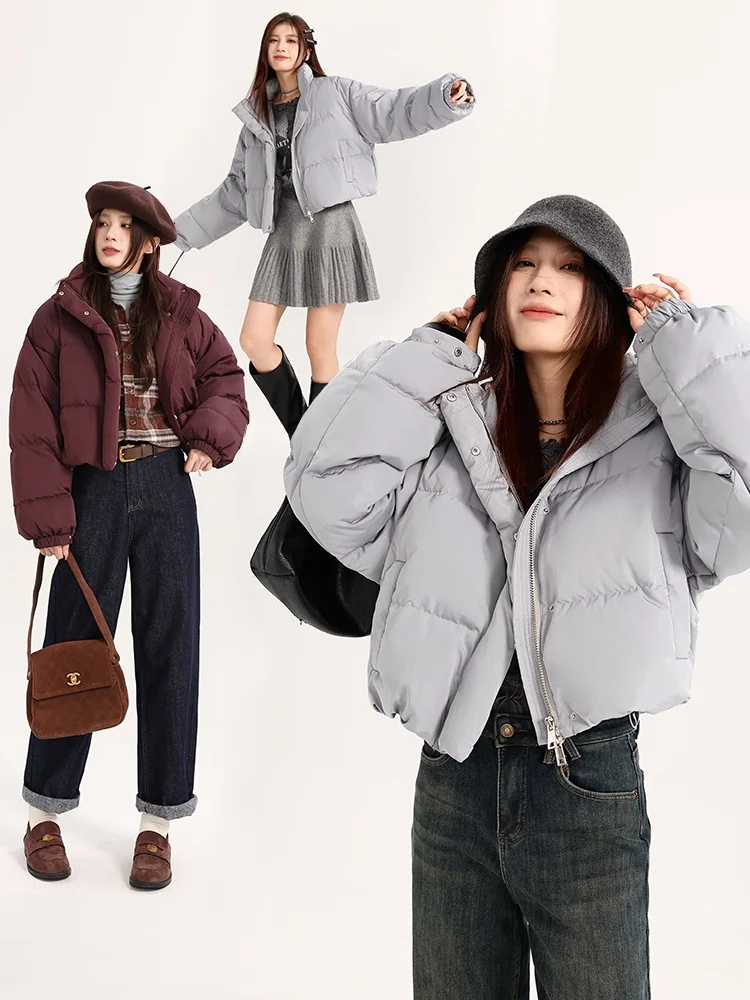 

Fleece-lined Short Grey Stand Collar Duck down Jacket Women's Style Thickened White Duck Feather Padded Zipper Closure ...