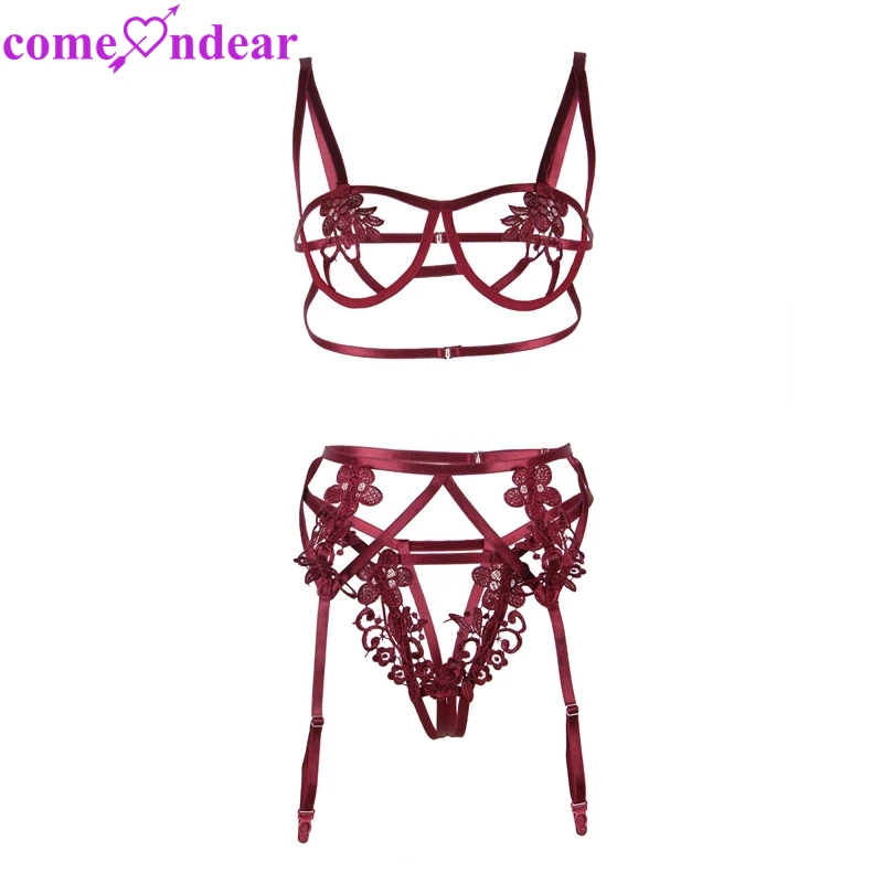 

Comeondear Garter Belt Set Hollow Out Women's Underwear Set See Through Brassiere Lingerie Set Embroidery Lace Bra and Panty Set