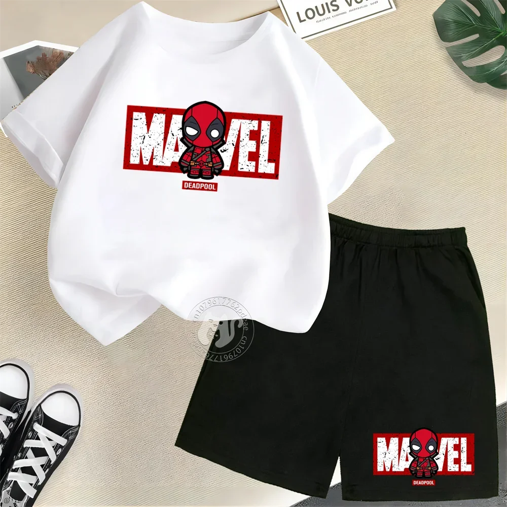 Superhero Summer Kids 100% Cotton T-shirt Street Mini Deadpool Print Short Sleeve T-shirt + Shorts Boys & Girls casual suit