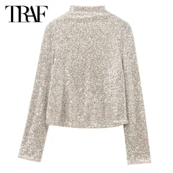 TRAF 2024 Women's Blouse Autumn Sequined Long Sleeve Top Shirts & Blouses O-Neck Glitter Shirt Pretty And Elegant Women's Blouse