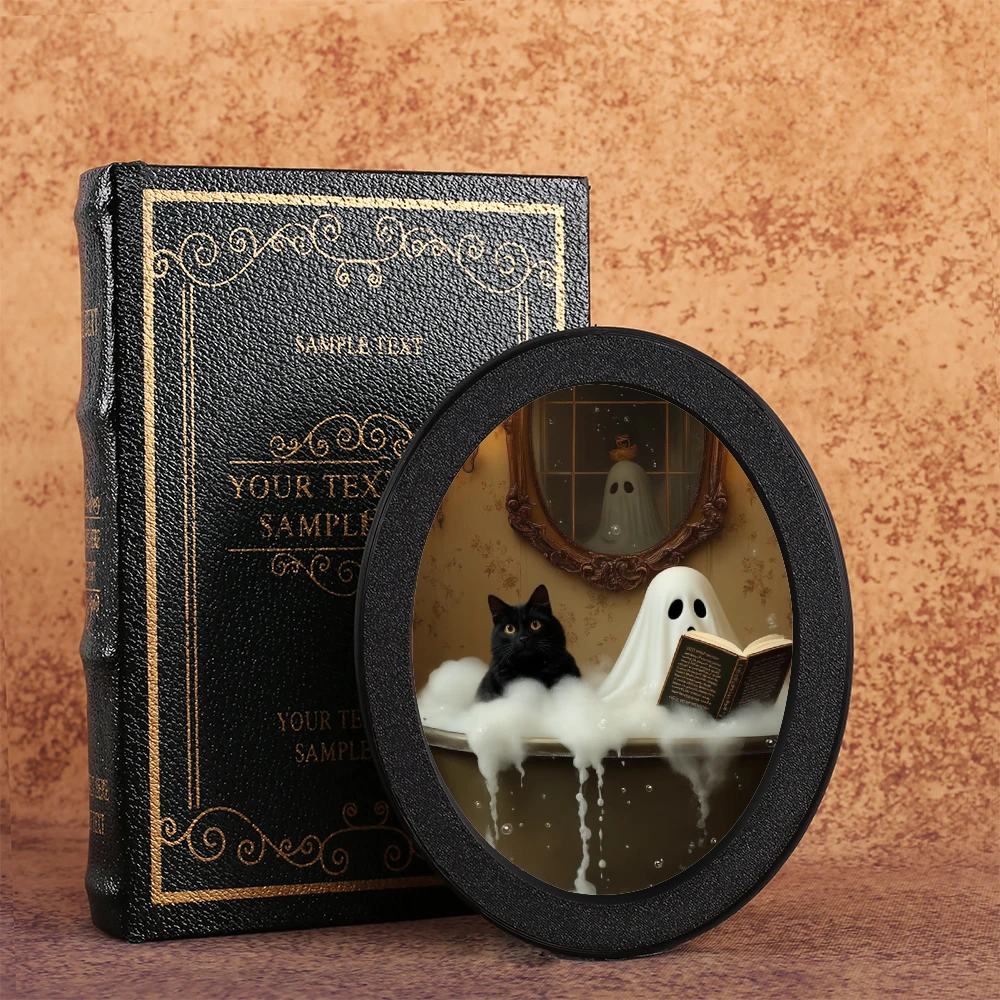 1 Piece Ghost & Black Cat - themed Oval Decoration, Retro Black Frame Shows Bathtub Scene, Creates Fantasy & Healing Atmosphere,