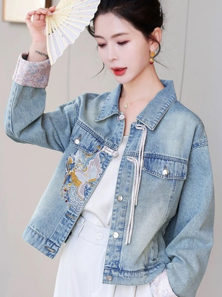 New Chinese Style Embroidered Denim Jacket Women's Short Design Spring 2026 Fashionable Small Size Floral Print Coat