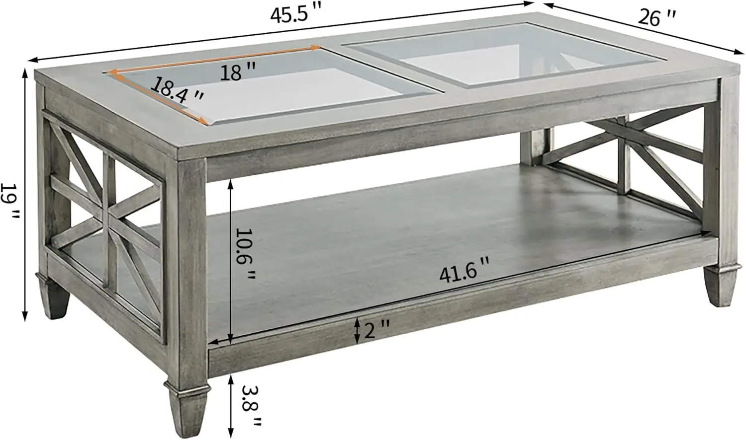 Solid Wood Coffee Table with Tempered Glass Top, Rectangular Living Room Table with 2-tire Storage Shelf, Grey