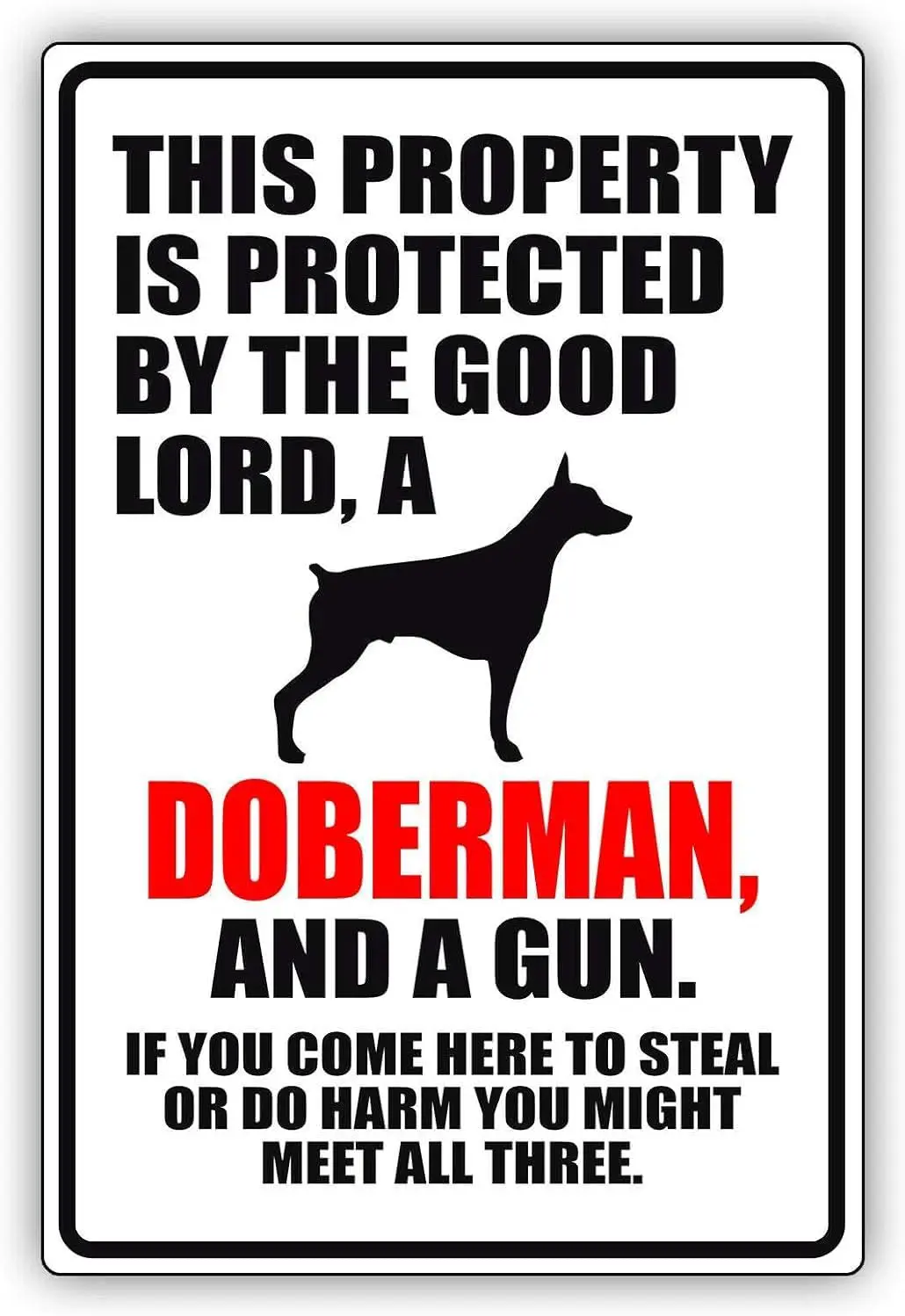 Metal Tin Sign This Property is Protected by The Good Lord A Doberman Dog Warning Notice For Home Yard Farm Garden Garage Wall D