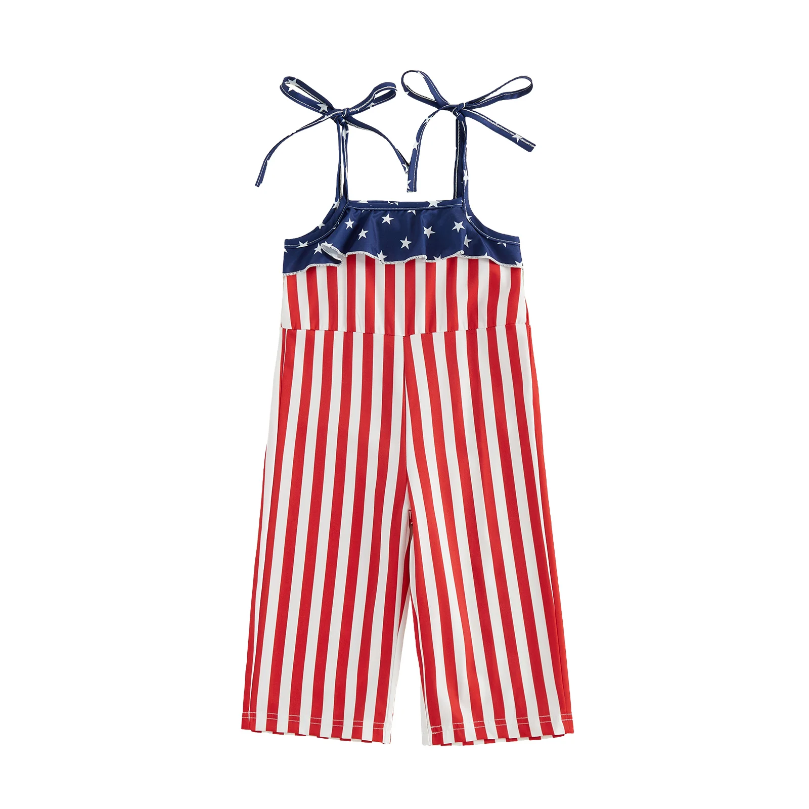 Baby Girl Fourth of July Romper Sleeveless Tie Shoulder Strap Stars and Stripes Print Jumpsuit Toddler Playsuit