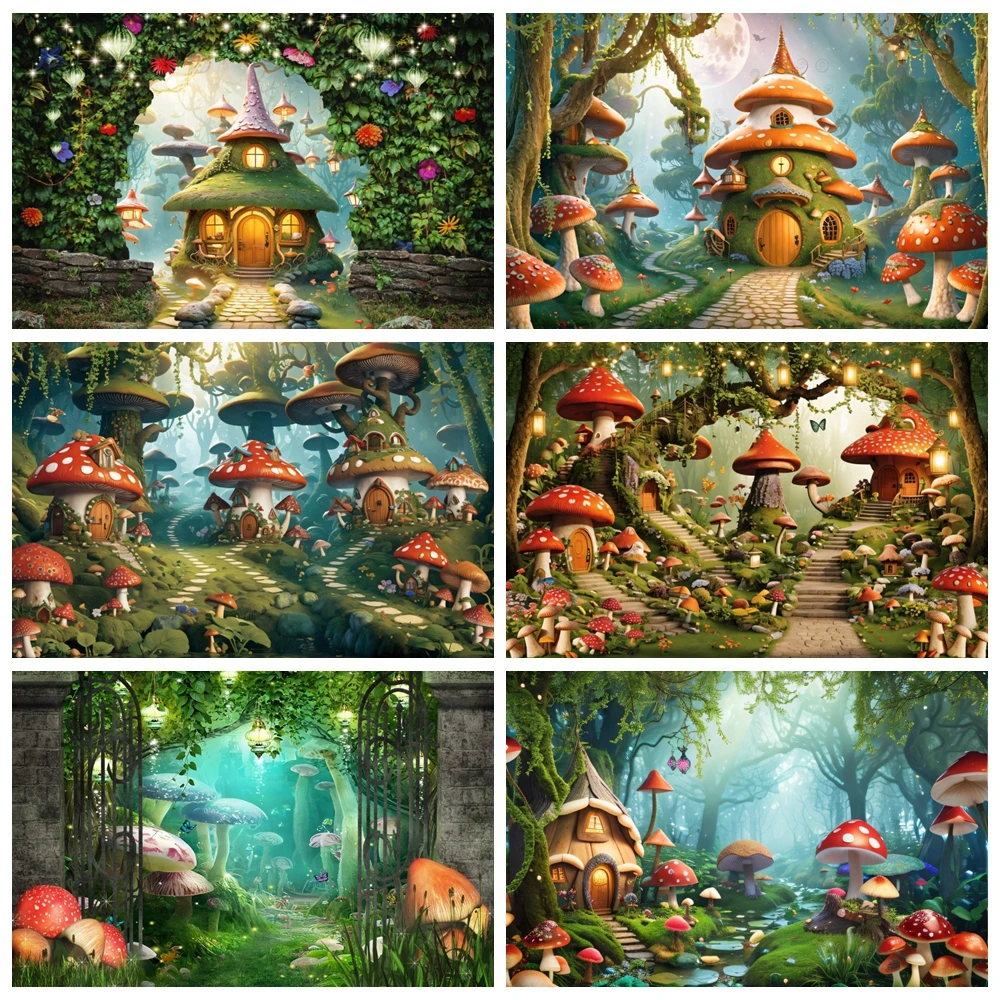 

Enchanted Forest Backdrop Fairy Tale Mushroom Tree House Baby Shower Kid Birthday Party Photography Background Photo Studio Prop