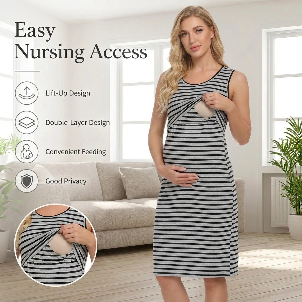 Soft Stretchy Cotton Striped Sleeveless Maternity Nursing Dress Double-Layer Lift-Up Breastfeeding Tank Dress for Pregnancy