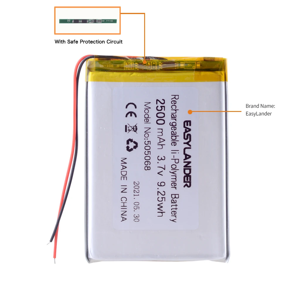 10pcs/Lot 3.7V 2500mAh 505068 Replacement li Polymer Li-ion Battery 055068