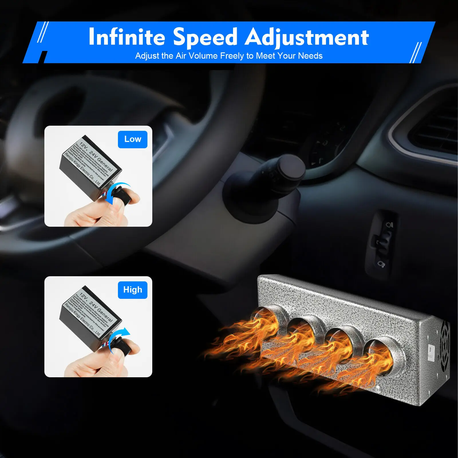 Universal Under Dash Heater 12V เครื่องไล่ฝ้าความร้อนพร้อมสวิตช์ความเร็วสําหรับรถยนต์/รถบรรทุก 4 พอร์ต