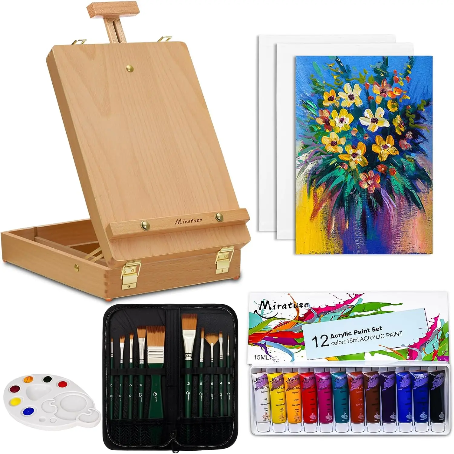 

27-Piece Deluxe Art Set with Tabletop Easel, Acrylic Paint, Brushes & Canvas Panels